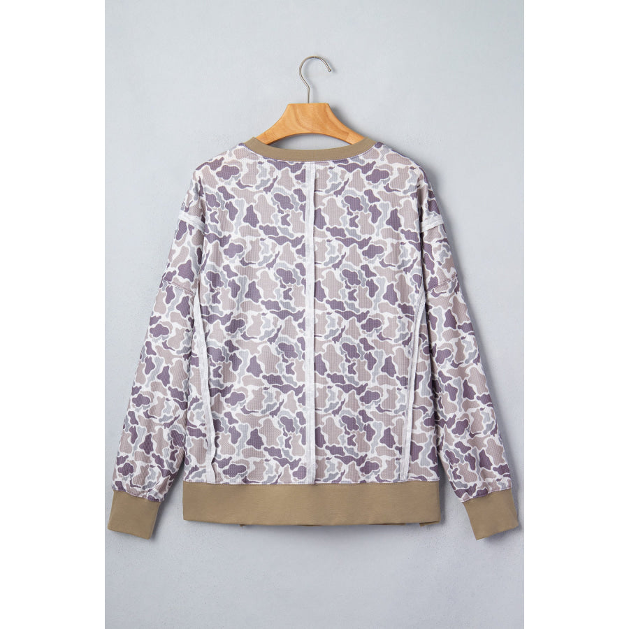 Khaki Camouflage Print Textured Knit Color Block Trim Long Sleeve Top Tops/Long Tops