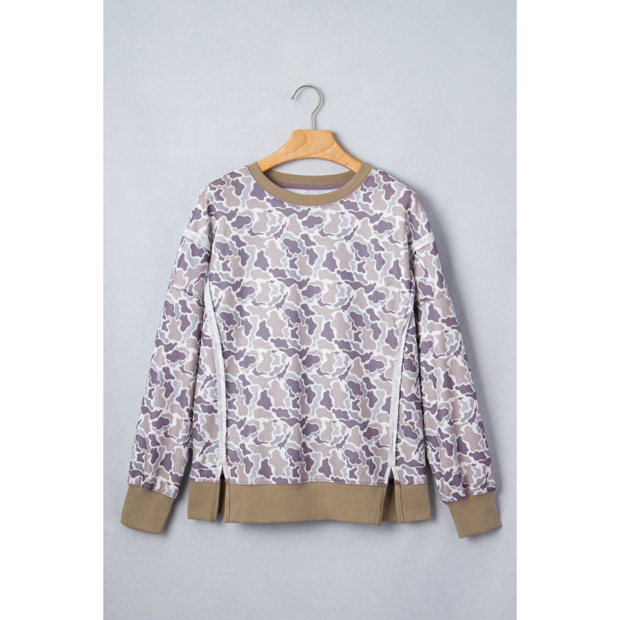 Khaki Camouflage Print Textured Knit Color Block Trim Long Sleeve Top Tops/Long Tops