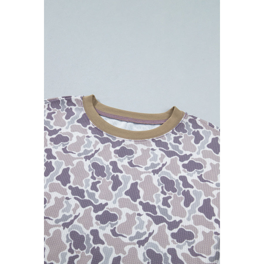 Khaki Camouflage Print Textured Knit Color Block Trim Long Sleeve Top Tops/Long Tops