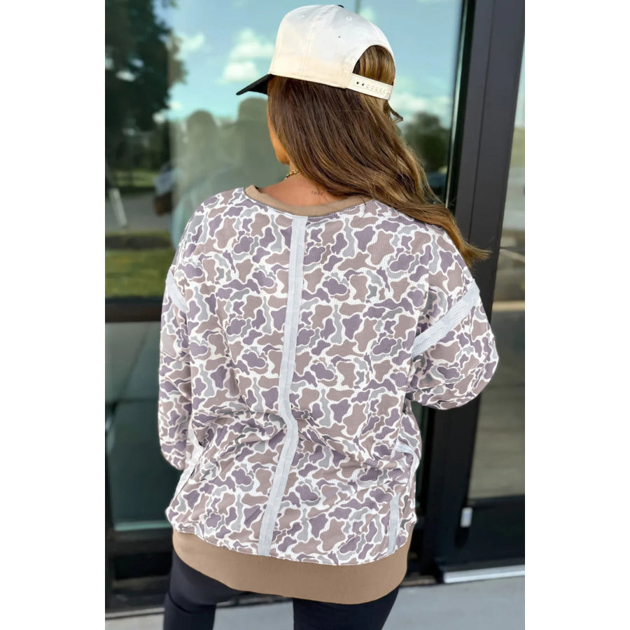 Khaki Camouflage Print Textured Knit Color Block Trim Long Sleeve Top Tops/Long Tops