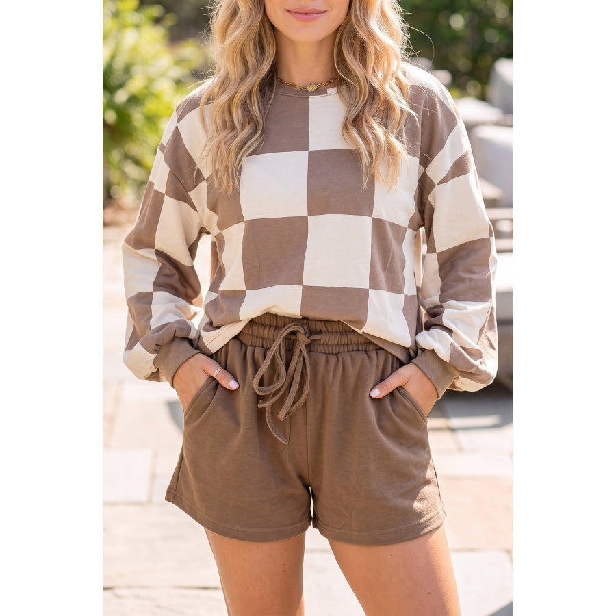 Khaki Checkerboard Plaid Long Sleeve Solid Color Shorts 2pcs Set Khaki / S Two Piece Sets/Short Sets