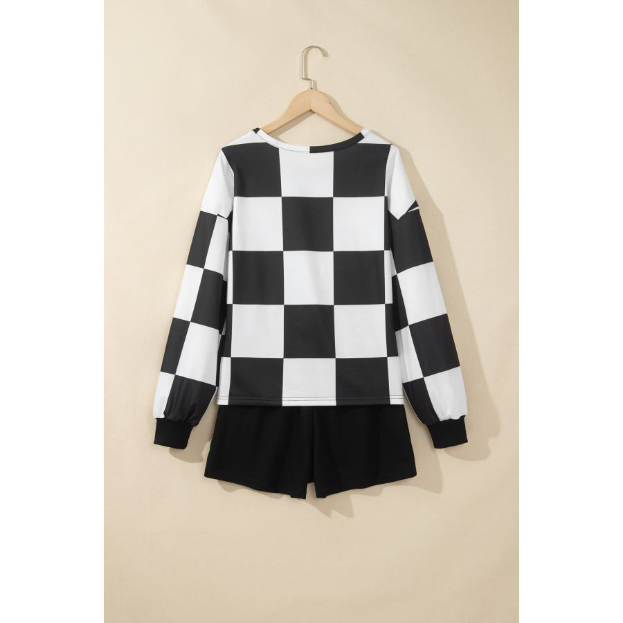 Khaki Checkerboard Plaid Long Sleeve Solid Color Shorts 2pcs Set Two Piece Sets/Short Sets