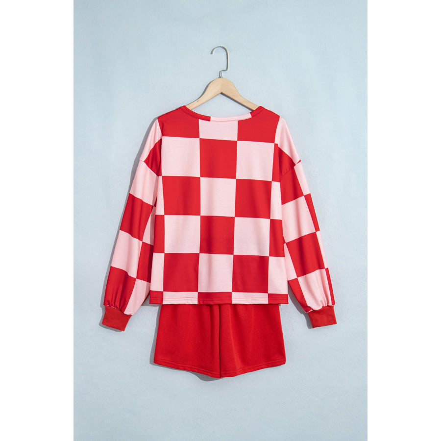 Khaki Checkerboard Plaid Long Sleeve Solid Color Shorts 2pcs Set Two Piece Sets/Short Sets