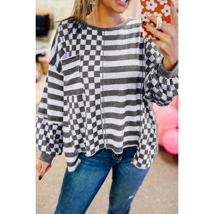 Khaki Checkerboard Striped Patchwork Lantern Sleeve Pocketed Blouse Black / S / 100% Polyester Tops/Long Sleeve Tops