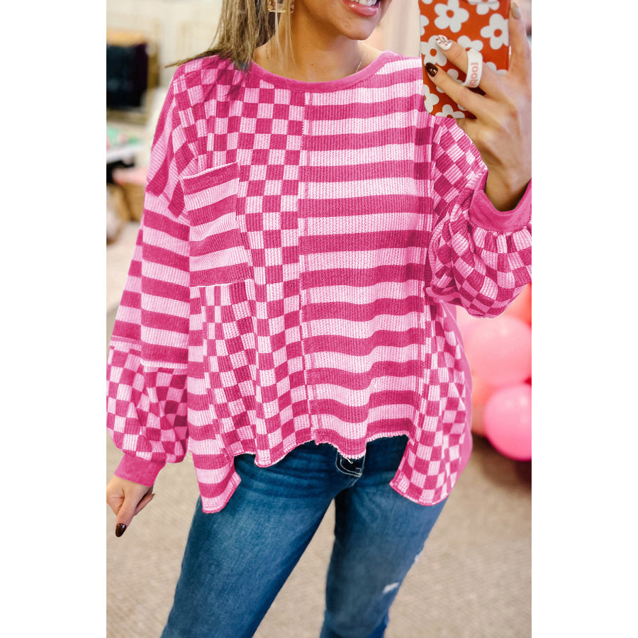 Khaki Checkerboard Striped Patchwork Lantern Sleeve Pocketed Blouse Rose Red / S / 100% Polyester Tops/Long Sleeve Tops