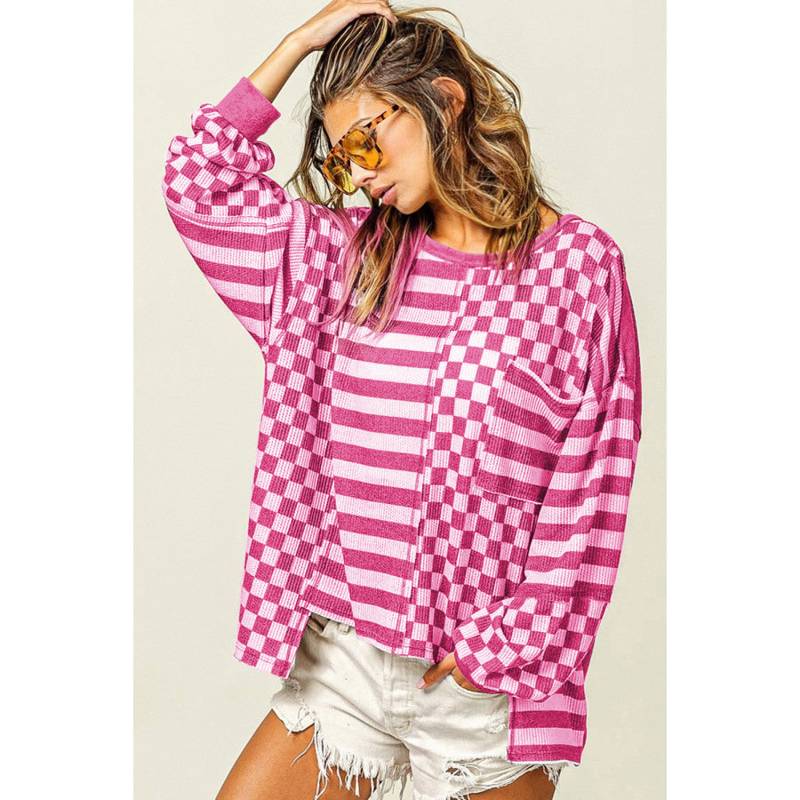 Khaki Checkerboard Striped Patchwork Lantern Sleeve Pocketed Blouse Tops/Long Sleeve Tops