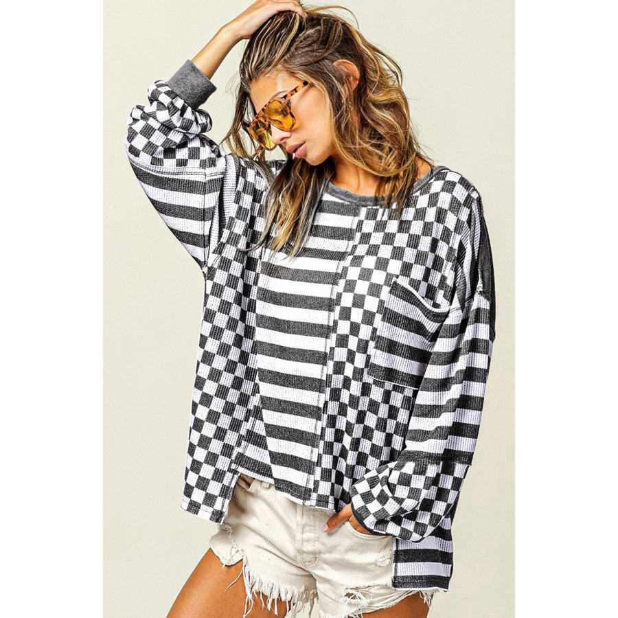 Khaki Checkerboard Striped Patchwork Lantern Sleeve Pocketed Blouse Tops/Long Sleeve Tops