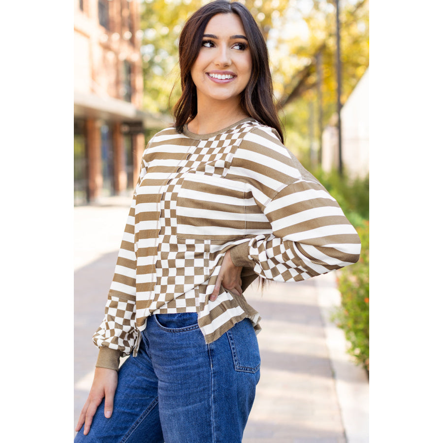 Khaki Checkerboard Striped Patchwork Lantern Sleeve Pocketed Blouse Tops/Long Sleeve Tops