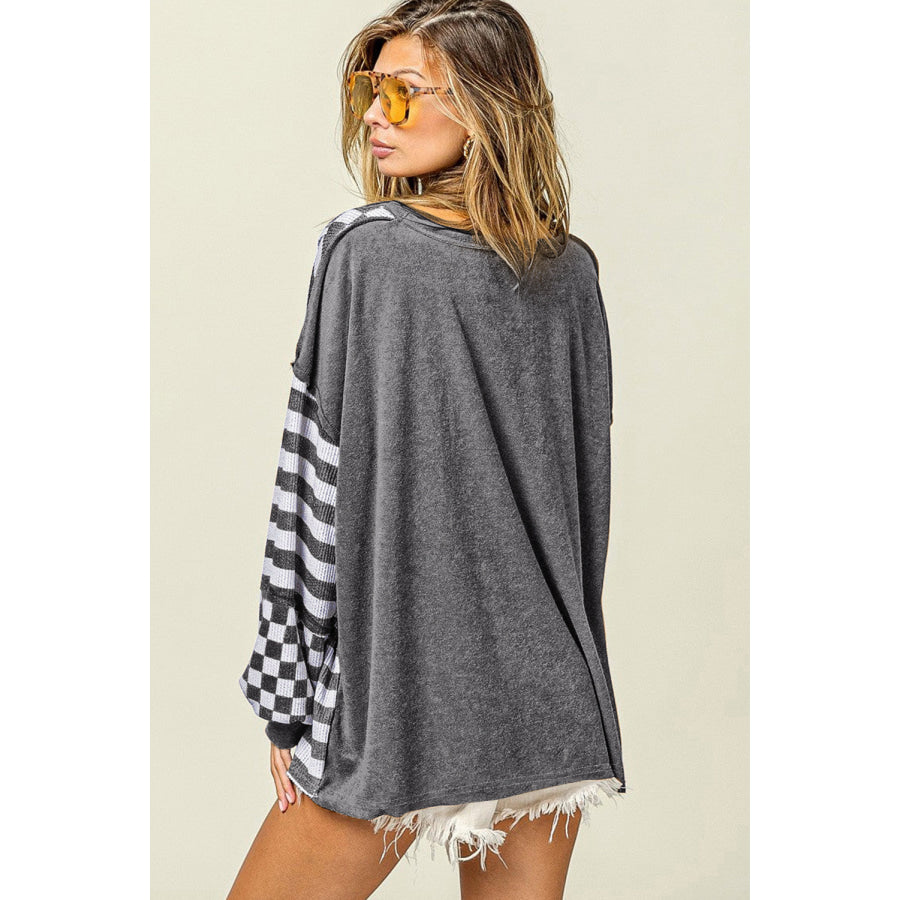 Khaki Checkerboard Striped Patchwork Lantern Sleeve Pocketed Blouse Tops/Long Sleeve Tops