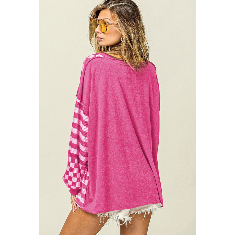 Khaki Checkerboard Striped Patchwork Lantern Sleeve Pocketed Blouse Tops/Long Sleeve Tops