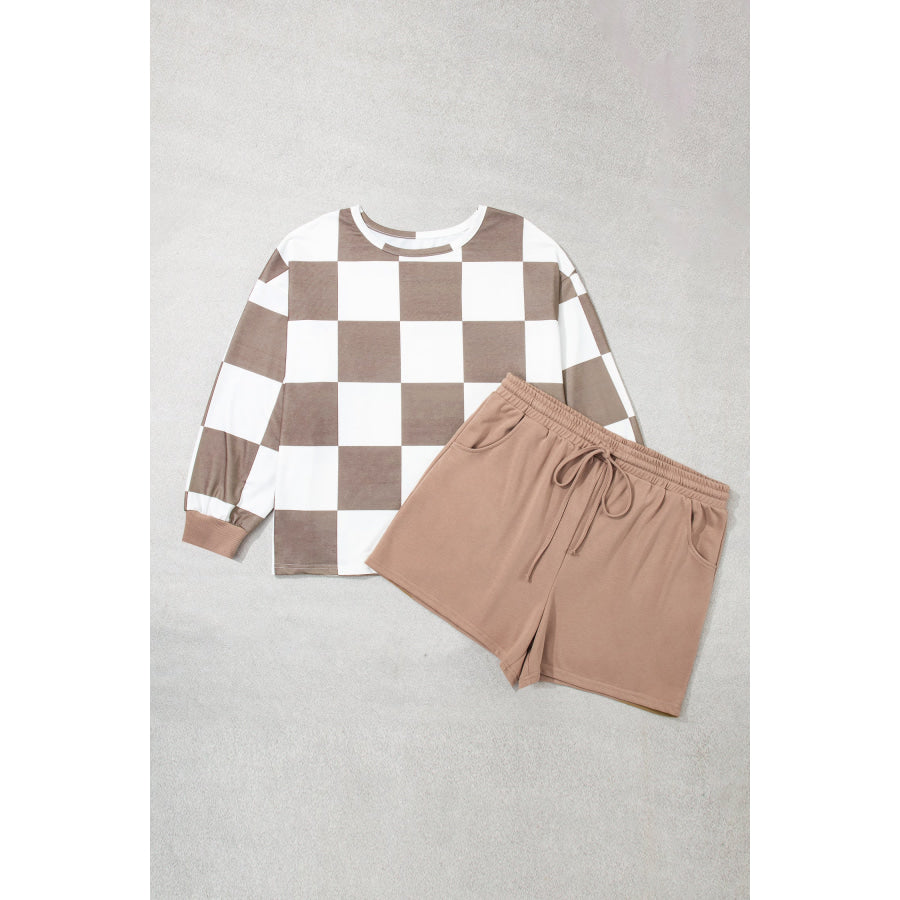Khaki Checkered Contrast Long Sleeve Top Solid Shorts Plus Size 2pcs Set Khaki / 1X Plus Size/Plus Size Loungewear
