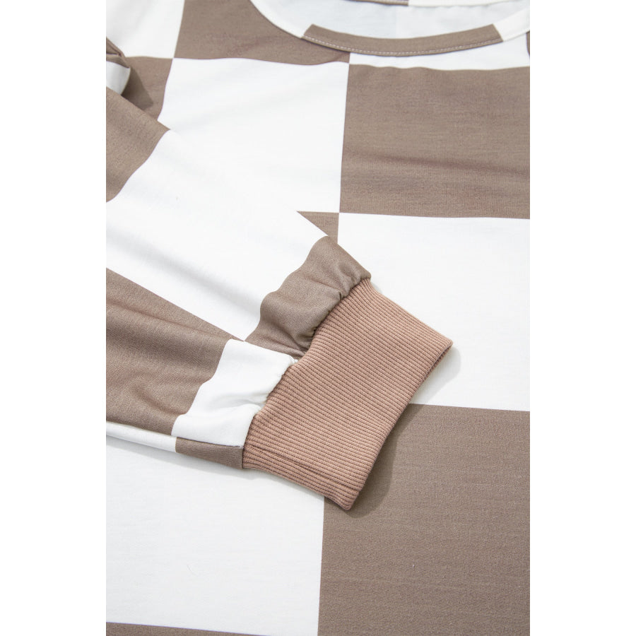 Khaki Checkered Contrast Long Sleeve Top Solid Shorts Plus Size 2pcs Set Plus Size/Plus Size Loungewear