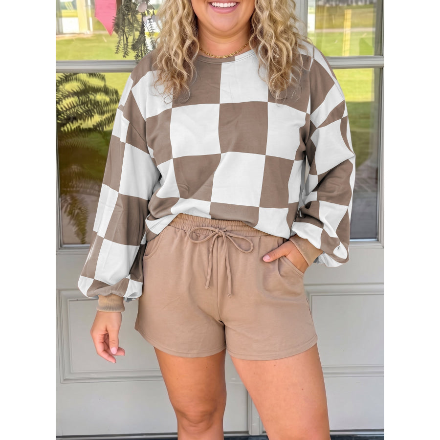 Khaki Checkered Contrast Long Sleeve Top Solid Shorts Plus Size 2pcs Set Plus Size/Plus Size Loungewear