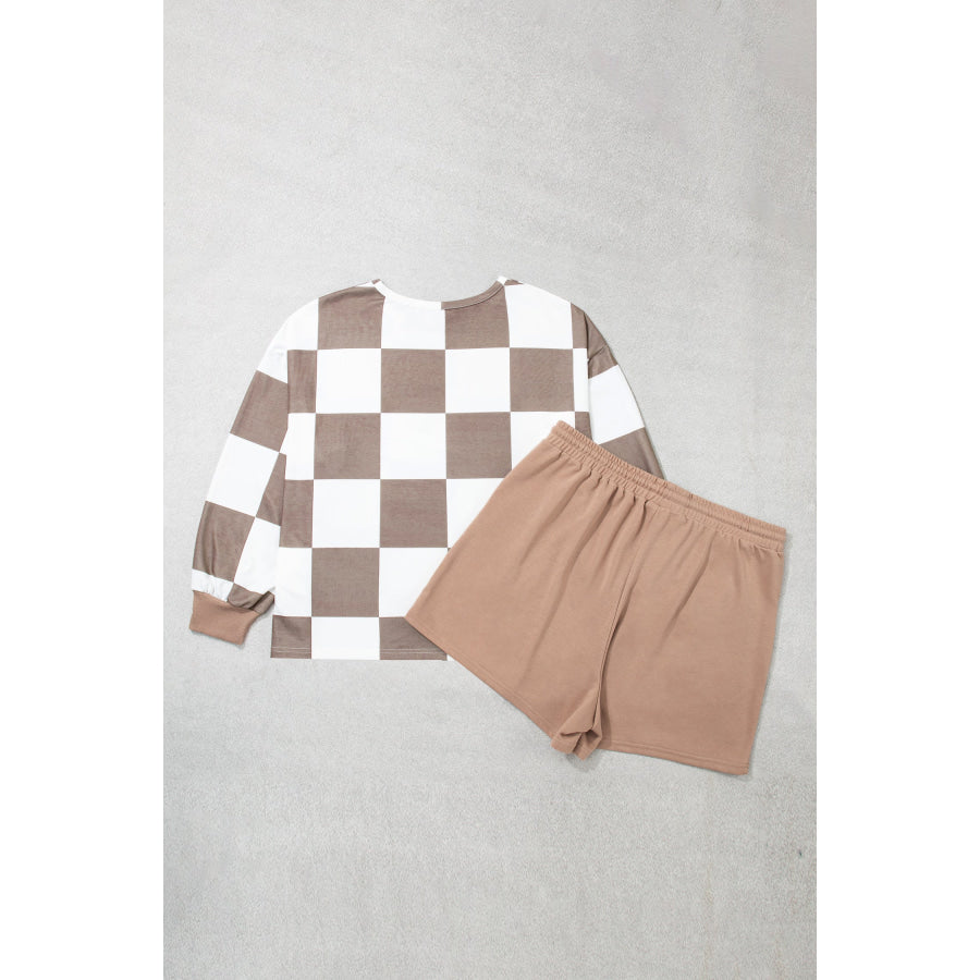 Khaki Checkered Contrast Long Sleeve Top Solid Shorts Plus Size 2pcs Set Plus Size/Plus Size Loungewear