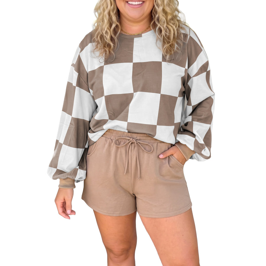 Khaki Checkered Contrast Long Sleeve Top Solid Shorts Plus Size 2pcs Set Plus Size/Plus Size Loungewear