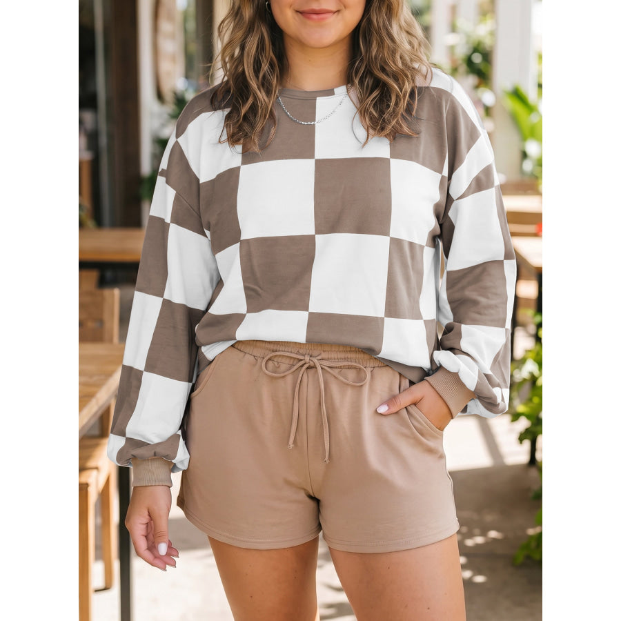Khaki Checkered Contrast Long Sleeve Top Solid Shorts Plus Size 2pcs Set Plus Size/Plus Size Loungewear