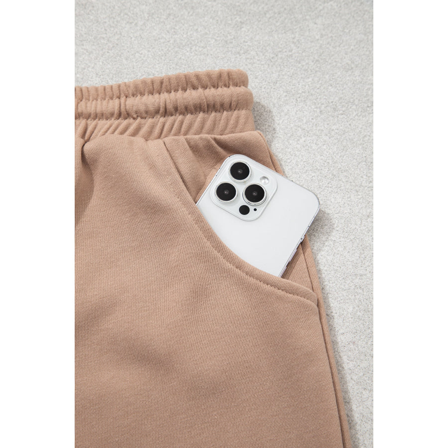 Khaki Checkered Contrast Long Sleeve Top Solid Shorts Plus Size 2pcs Set Plus Size/Plus Size Loungewear