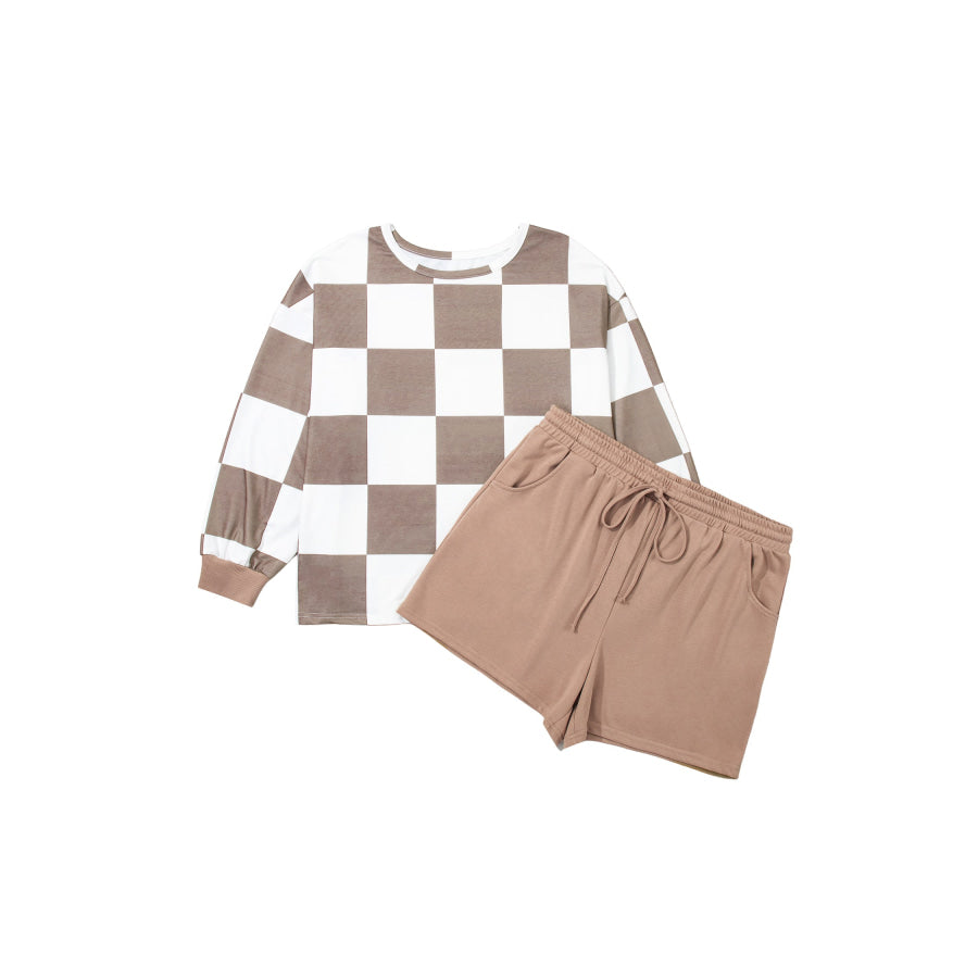 Khaki Checkered Contrast Long Sleeve Top Solid Shorts Plus Size 2pcs Set Plus Size/Plus Size Loungewear