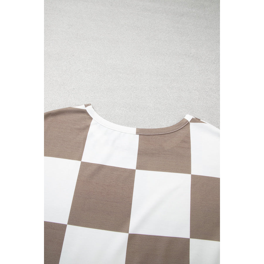Khaki Checkered Contrast Long Sleeve Top Solid Shorts Plus Size 2pcs Set Plus Size/Plus Size Loungewear