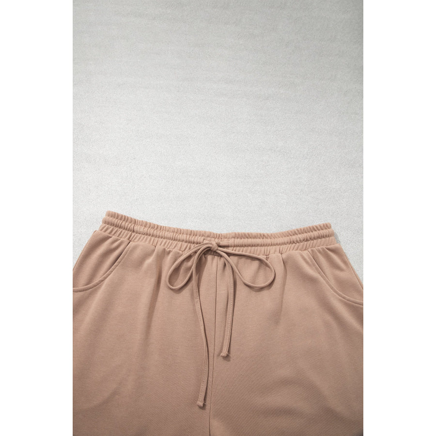 Khaki Checkered Contrast Long Sleeve Top Solid Shorts Plus Size 2pcs Set Plus Size/Plus Size Loungewear