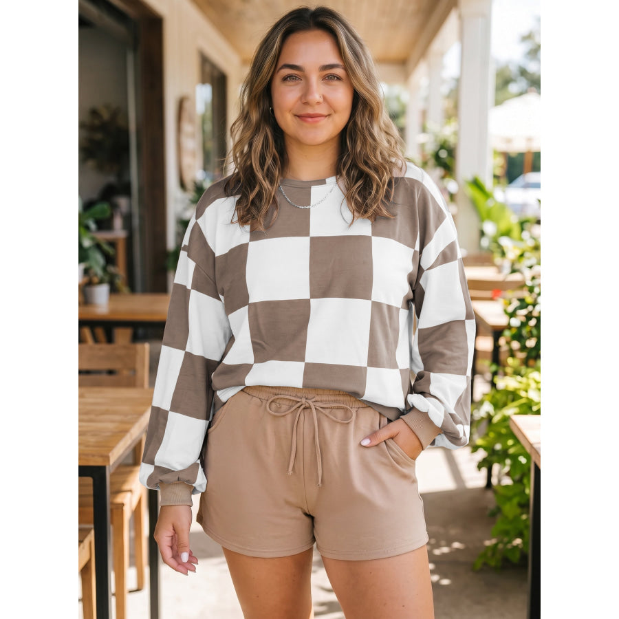Khaki Checkered Contrast Long Sleeve Top Solid Shorts Plus Size 2pcs Set Plus Size/Plus Size Loungewear