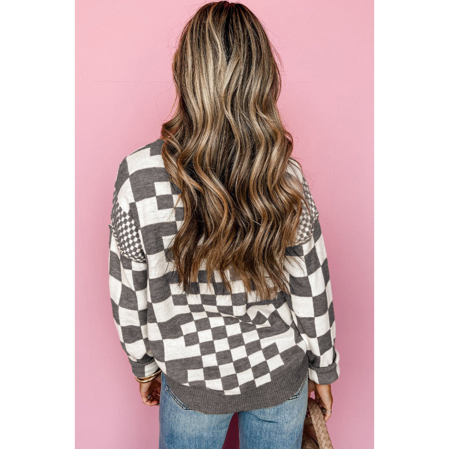 Khaki Checkered Print Drop Shoulder Round Neck Sweater Sweaters & Cardigans/Sweaters