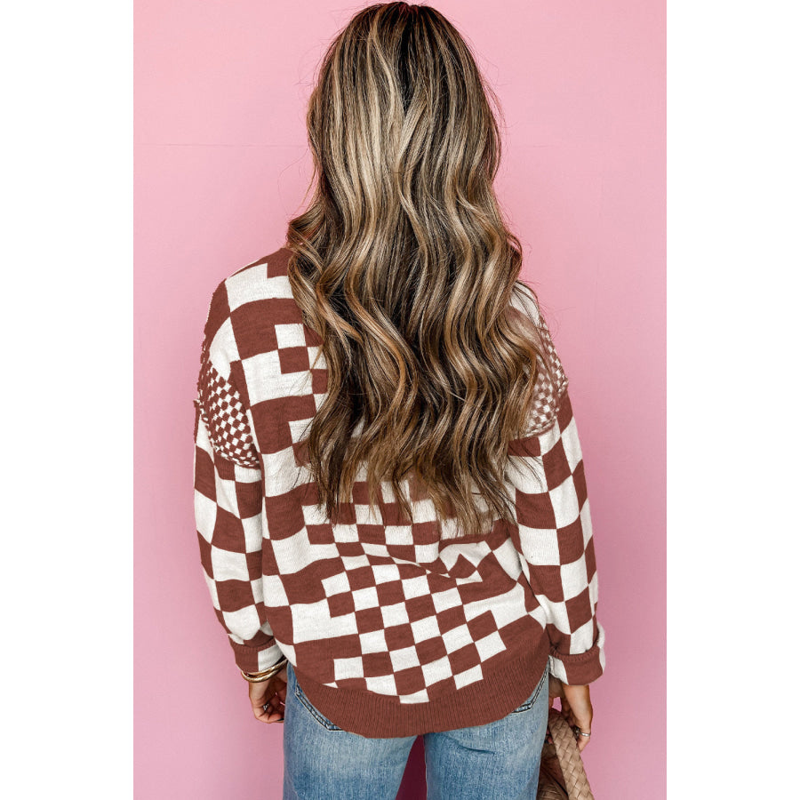 Khaki Checkered Print Drop Shoulder Round Neck Sweater Sweaters & Cardigans/Sweaters