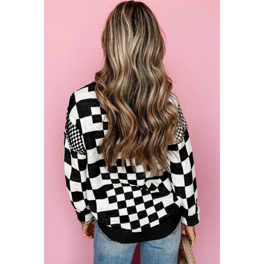 Khaki Checkered Print Drop Shoulder Round Neck Sweater Sweaters & Cardigans/Sweaters