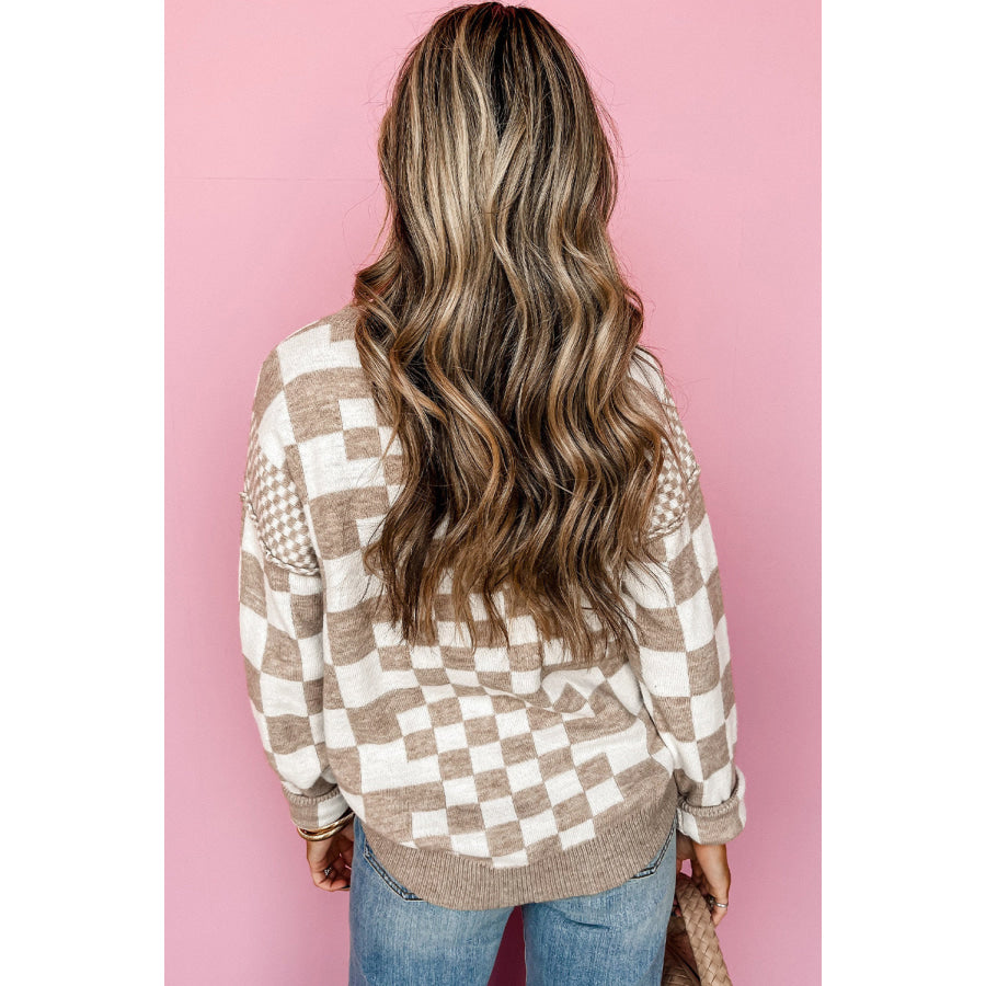 Khaki Checkered Print Drop Shoulder Round Neck Sweater Sweaters & Cardigans/Sweaters