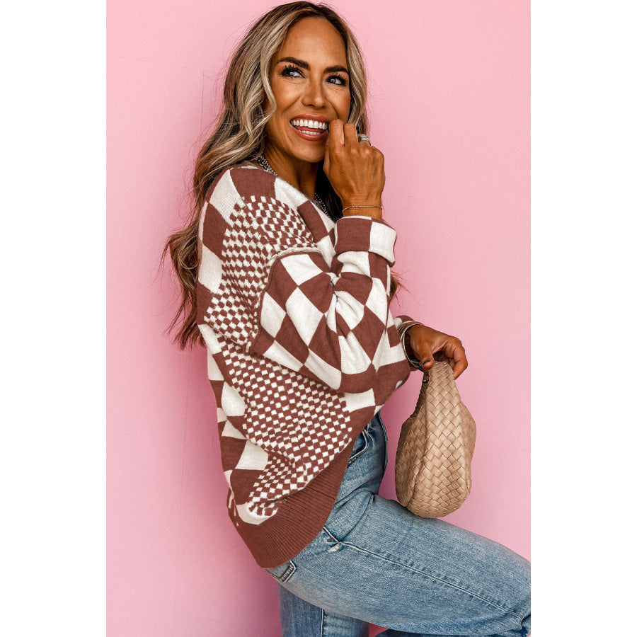 Khaki Checkered Print Drop Shoulder Round Neck Sweater Sweaters & Cardigans/Sweaters