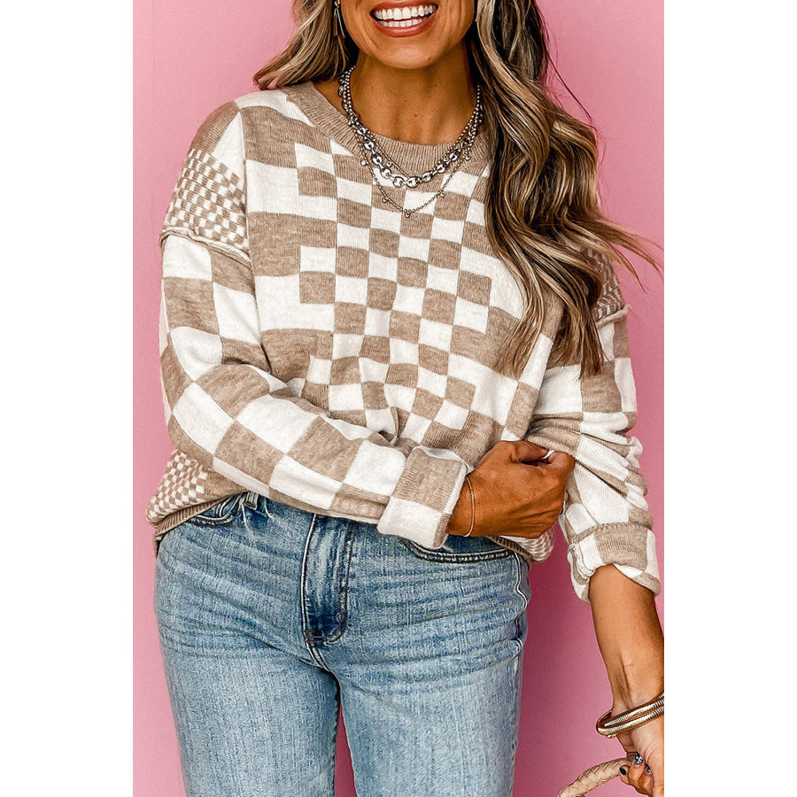 Khaki Checkered Print Drop Shoulder Round Neck Sweater Khaki / S / 50% Viscose + 28% Polyester + 22% Polyamide Sweaters & Cardigans/Sweaters