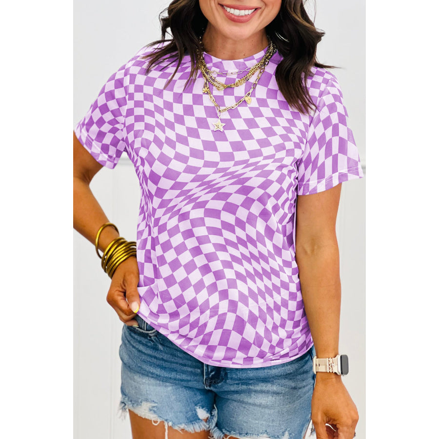 Khaki Checkered Print Mock Neck Mesh T Shirt Purple / S / 95% Polyester + 5% Elastane Tops/Tops & Tees