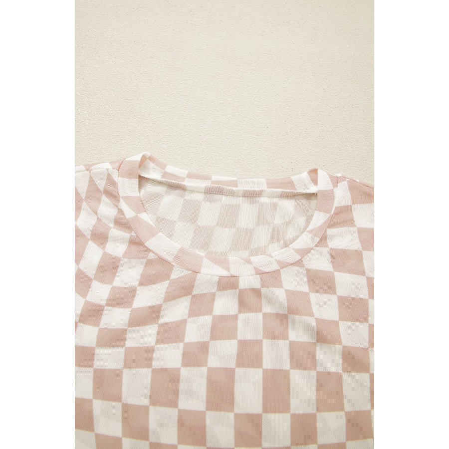 Khaki Checkered Print Mock Neck Mesh T Shirt Tops/Tops & Tees