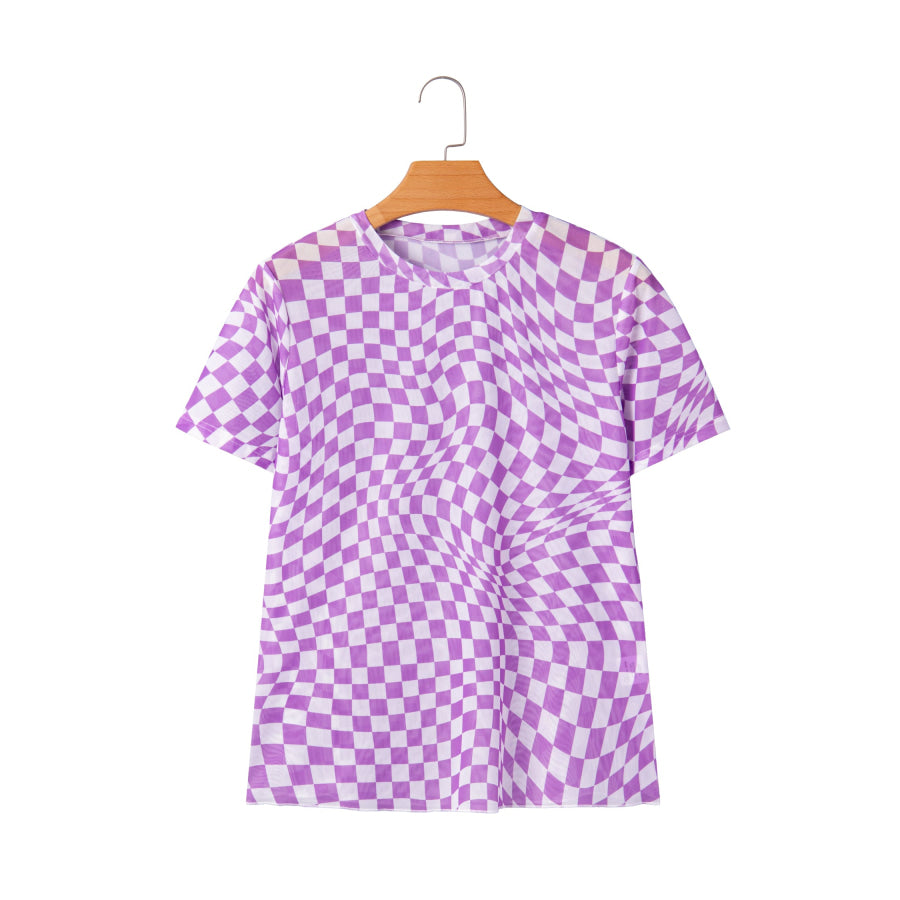 Khaki Checkered Print Mock Neck Mesh T Shirt Tops/Tops & Tees