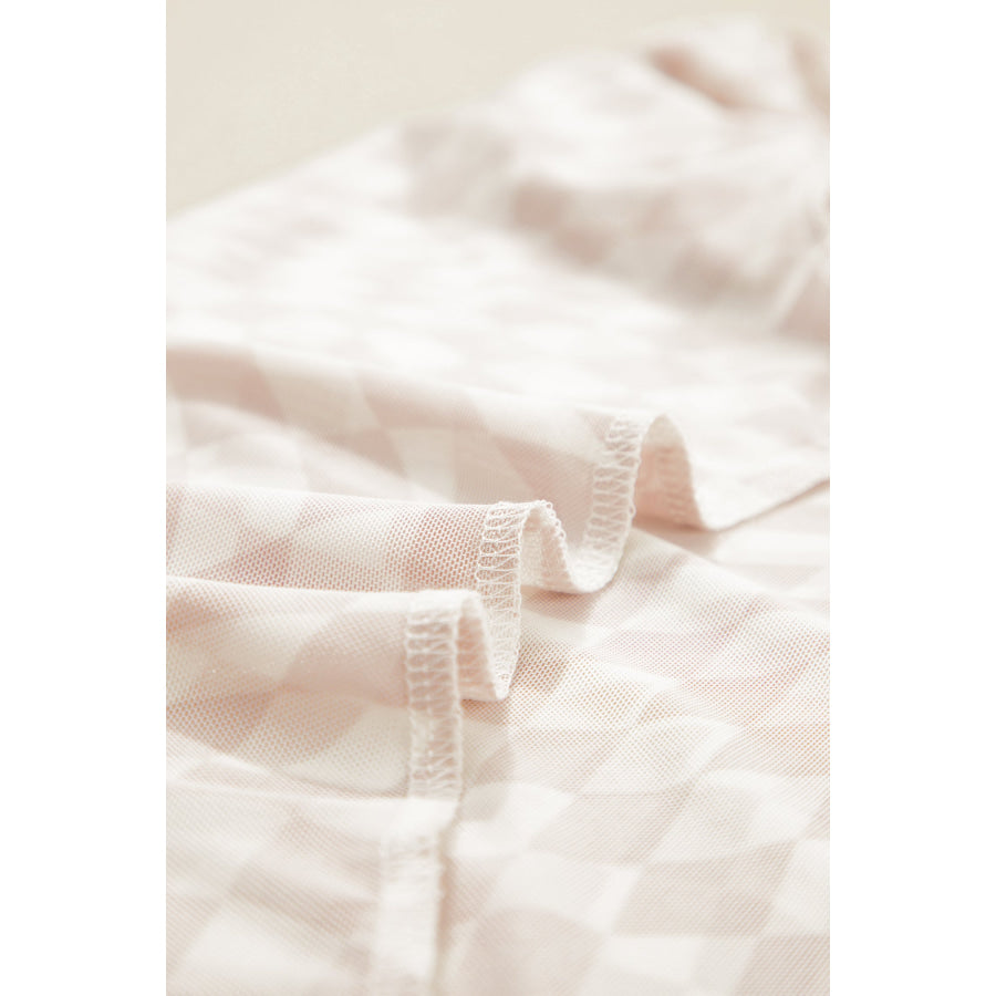 Khaki Checkered Print Mock Neck Mesh T Shirt Tops/Tops & Tees