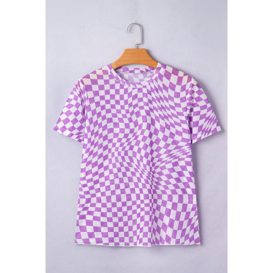 Khaki Checkered Print Mock Neck Mesh T Shirt Tops/Tops & Tees