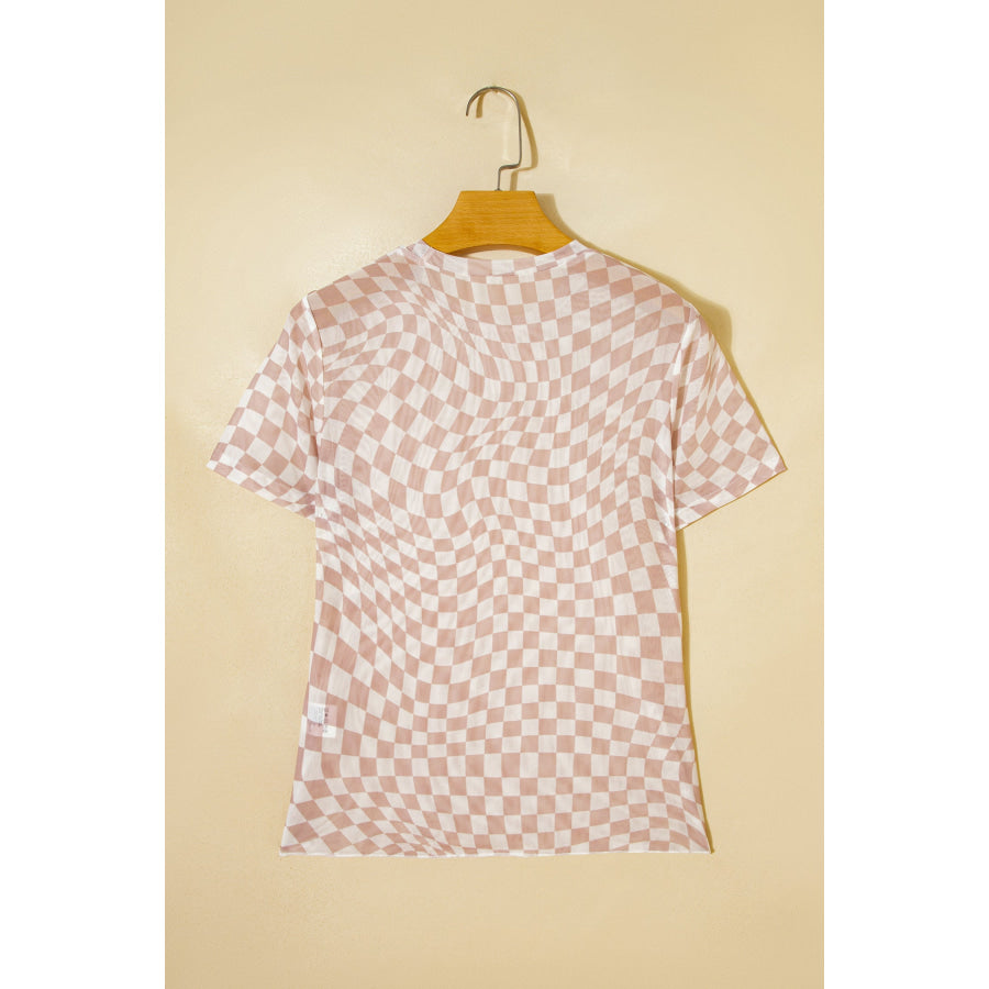 Khaki Checkered Print Mock Neck Mesh T Shirt Tops/Tops & Tees