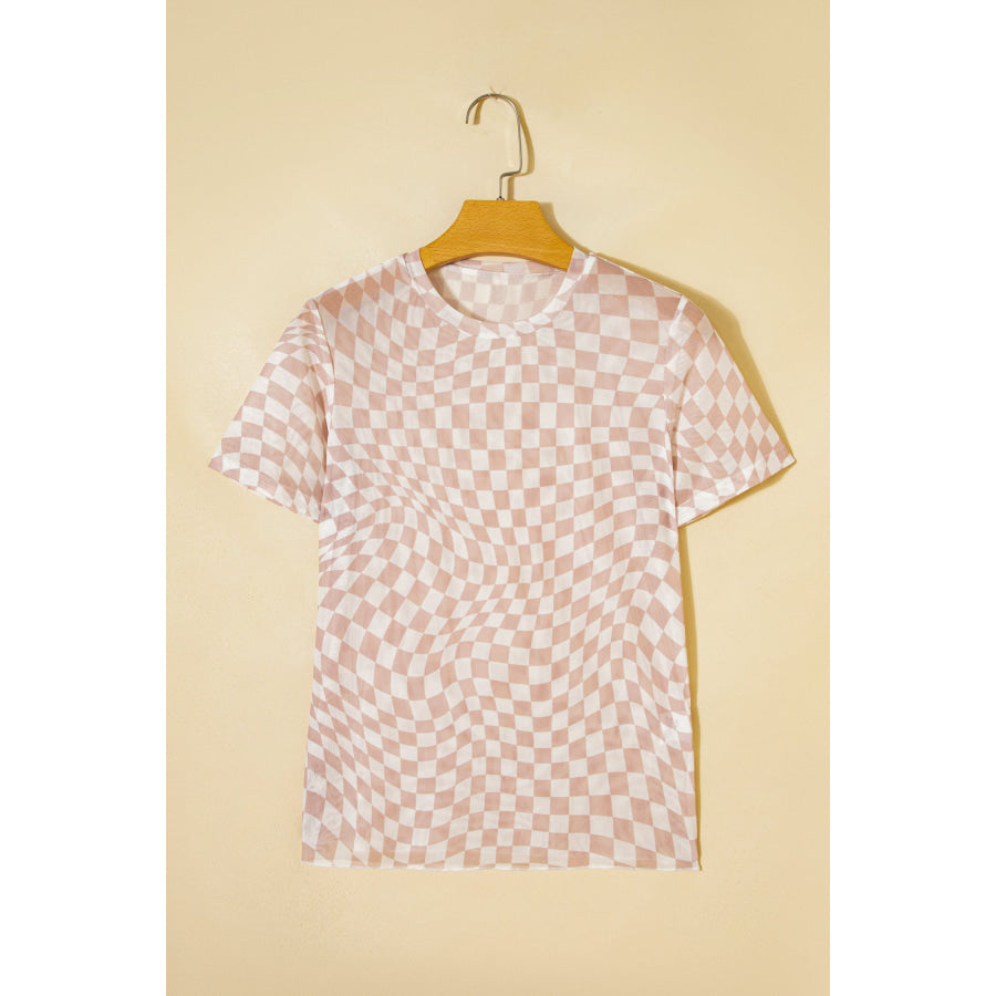 Khaki Checkered Print Mock Neck Mesh T Shirt Tops/Tops & Tees