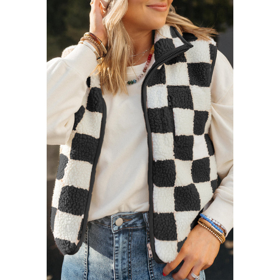 Khaki Checkered Sherpa Collared Jacket Vest Black / S / 100% Polyester Outerwear/Vests