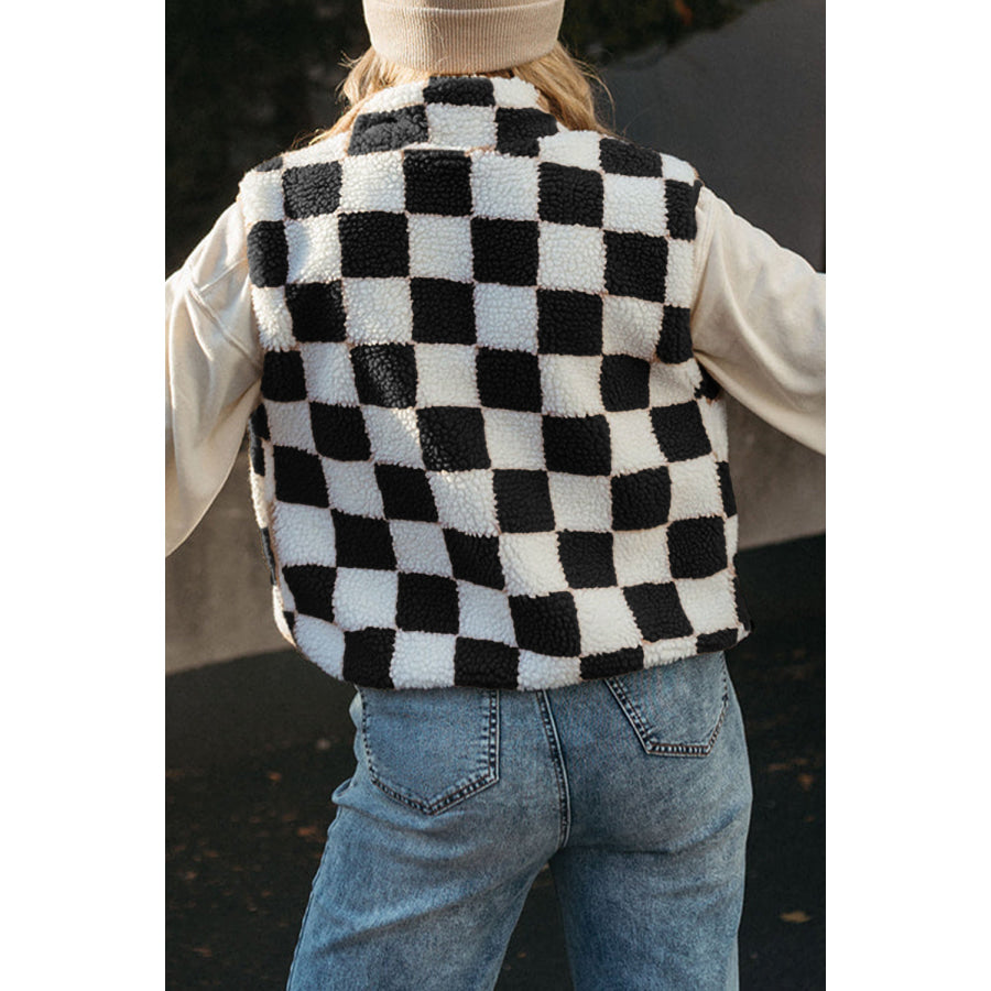 Khaki Checkered Sherpa Collared Jacket Vest Outerwear/Vests