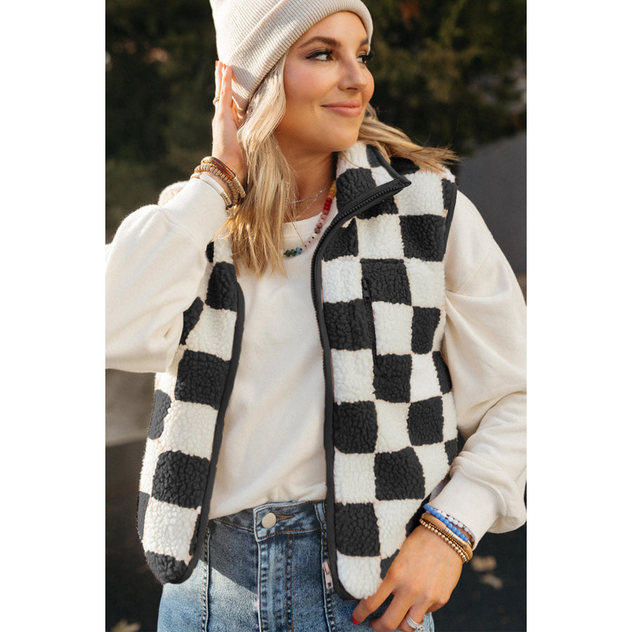 Khaki Checkered Sherpa Collared Jacket Vest Outerwear/Vests