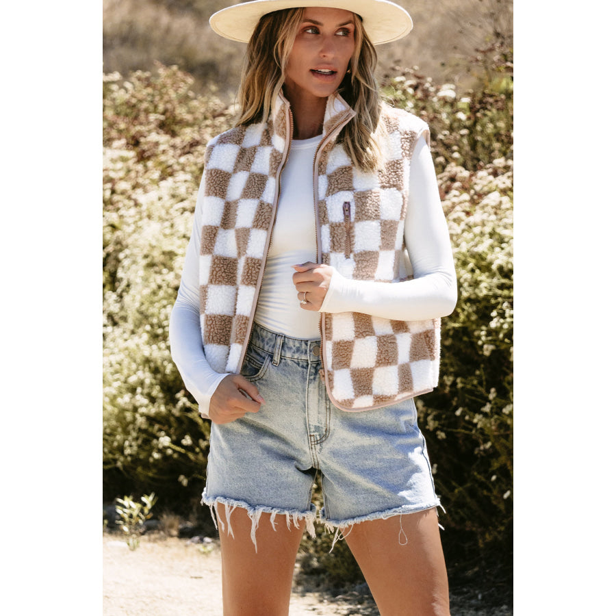 Khaki Checkered Sherpa Collared Jacket Vest Khaki / S / 100% Polyester Outerwear/Vests