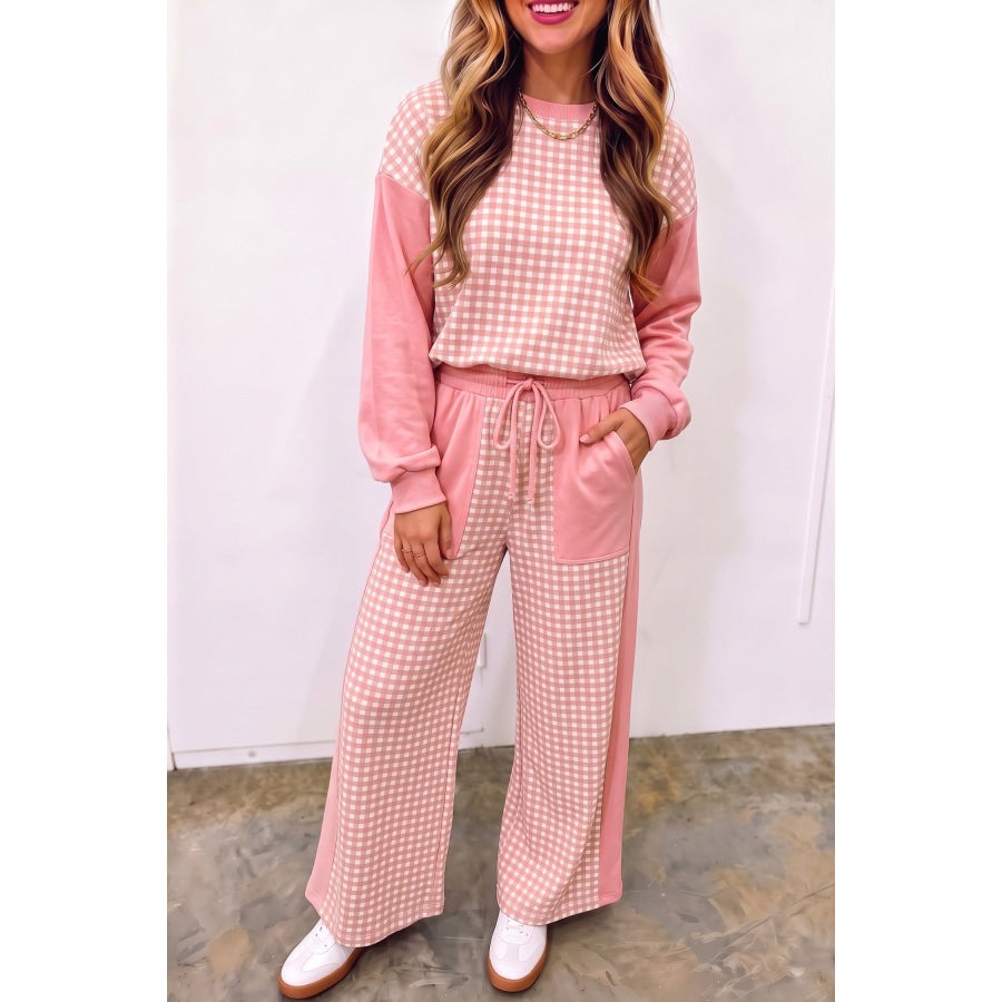 Khaki Color Block Plaid Patchwork Long Sleeve Pullover Wide Leg Pant Set Pink / S Two Piece Sets/Pant Sets