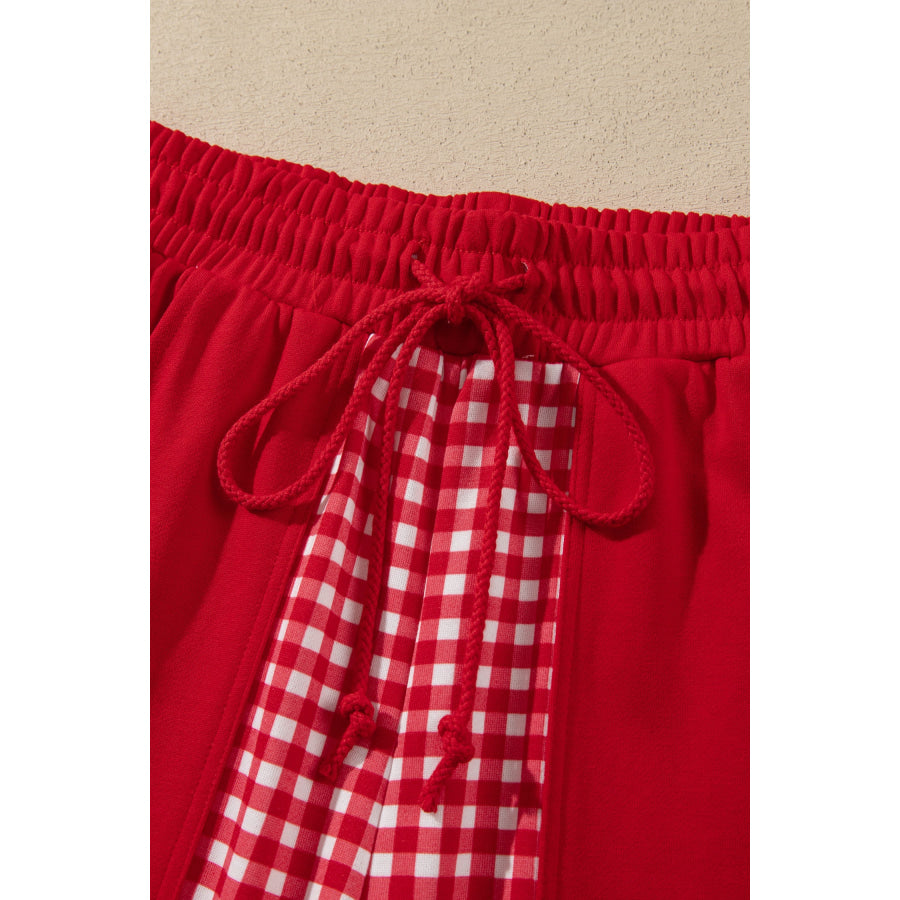 Khaki Color Block Plaid Patchwork Long Sleeve Pullover Wide Leg Pant Set Two Piece Sets/Pant Sets