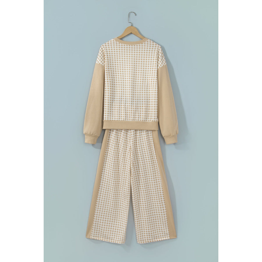Khaki Color Block Plaid Patchwork Long Sleeve Pullover Wide Leg Pant Set Two Piece Sets/Pant Sets