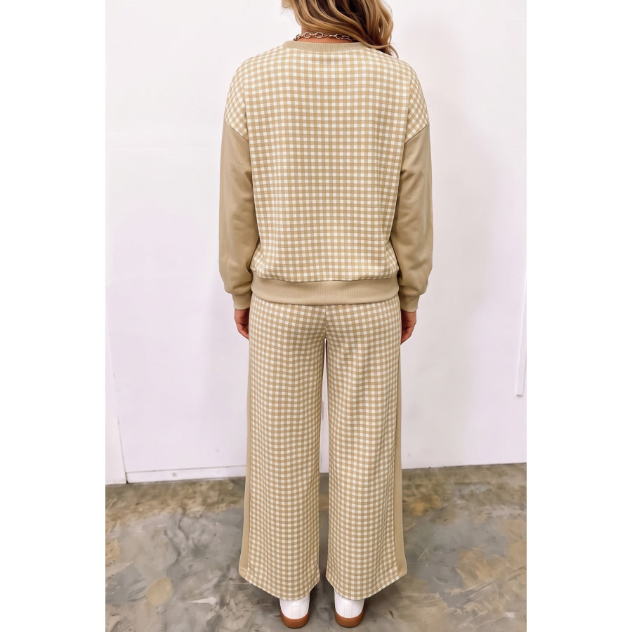 Khaki Color Block Plaid Patchwork Long Sleeve Pullover Wide Leg Pant Set Two Piece Sets/Pant Sets