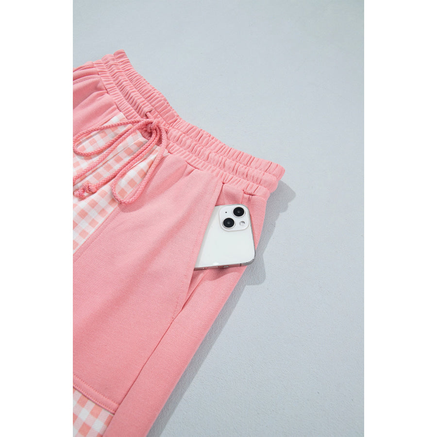 Khaki Color Block Plaid Patchwork Long Sleeve Pullover Wide Leg Pant Set Two Piece Sets/Pant Sets