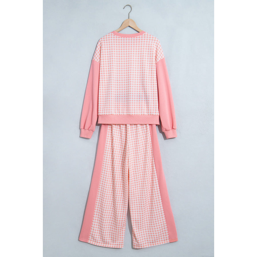 Khaki Color Block Plaid Patchwork Long Sleeve Pullover Wide Leg Pant Set Two Piece Sets/Pant Sets