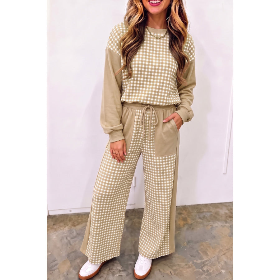 Khaki Color Block Plaid Patchwork Long Sleeve Pullover Wide Leg Pant Set Two Piece Sets/Pant Sets