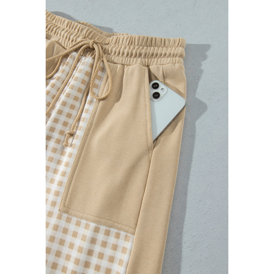 Khaki Color Block Plaid Patchwork Long Sleeve Pullover Wide Leg Pant Set Two Piece Sets/Pant Sets
